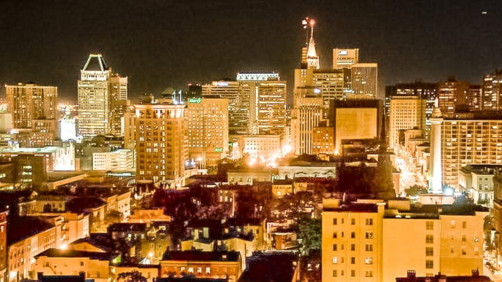 Baltimore skyline at night.